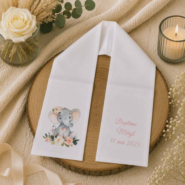Echarpe de baptême ou communion personnalisée - Modèle éléphant fleural