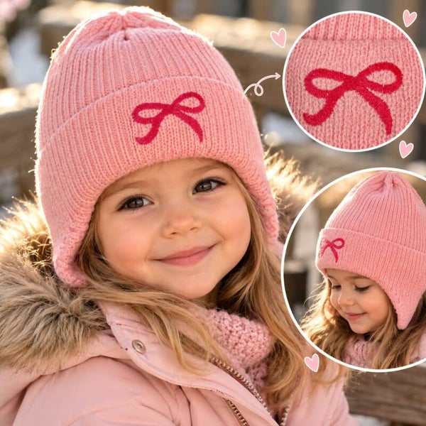 Bonnet fille - Rose avec noeud - Accessoire hiver