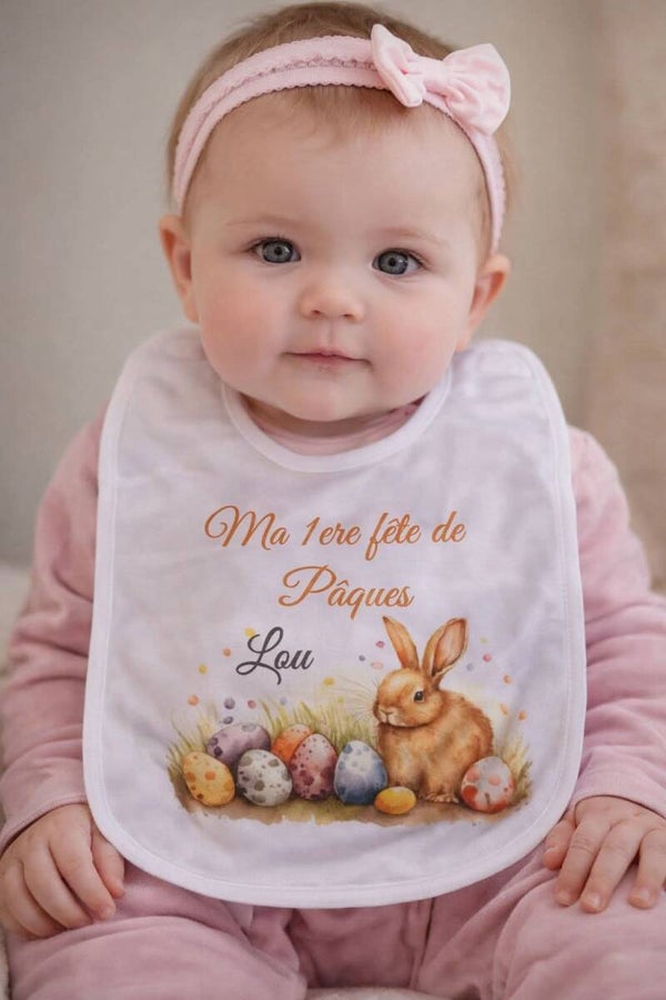 Bavoir personnalisé - Modèle lapin avec œufs de Pâques
