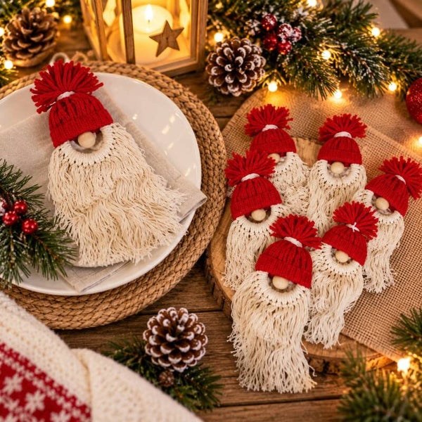 Ensemble de 6 décorations assiette en macramé - Père Noël