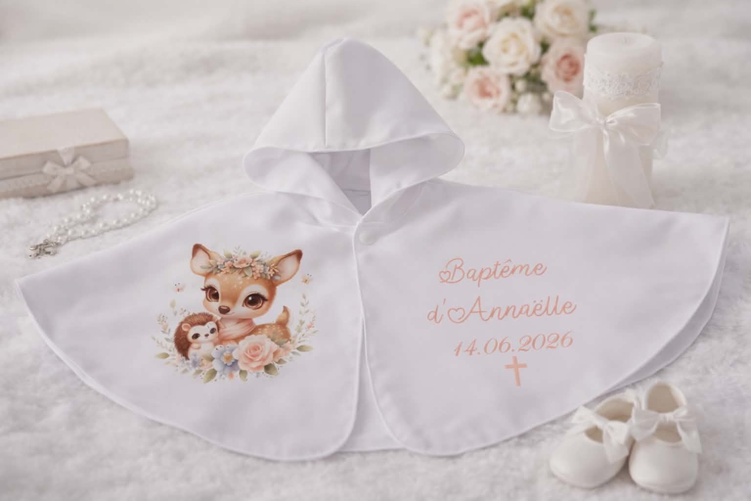 Cape de baptême personnalisée - Modèle biche et hérisson