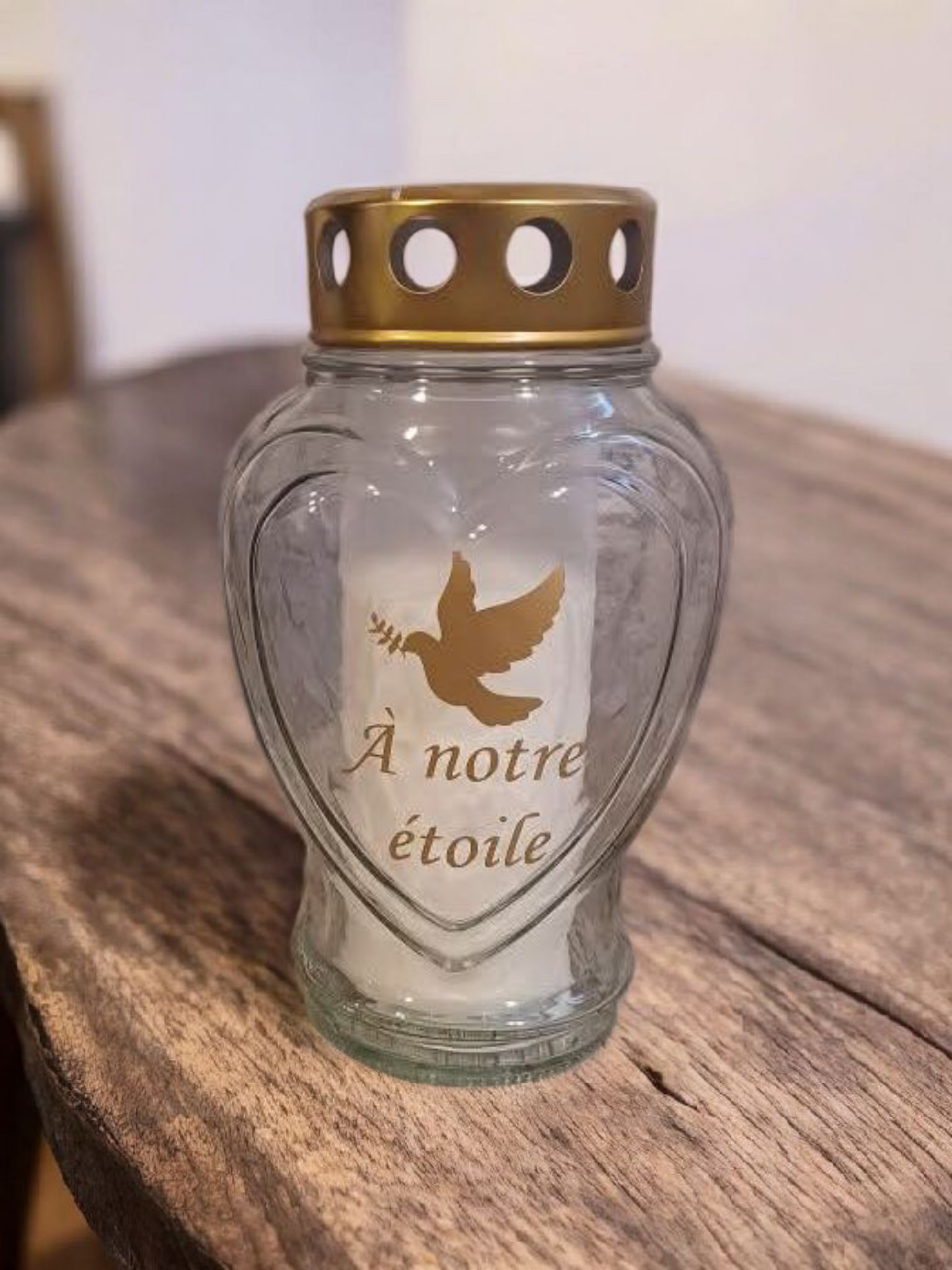 Bougie funéraire en verre en forme de cœur - Modèle colombe