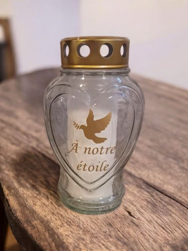 Bougie funéraire en verre en forme de cœur - Modèle colombe