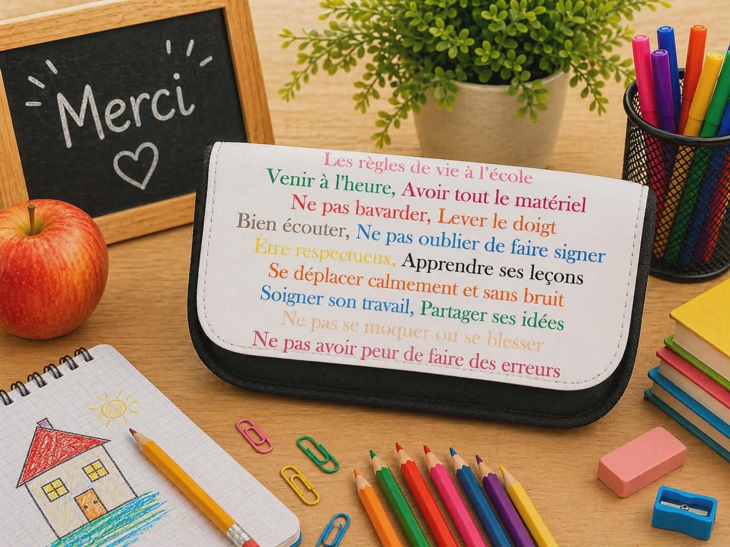 Trousse à crayons personnalisée - Modèle "Les règles de l'école"