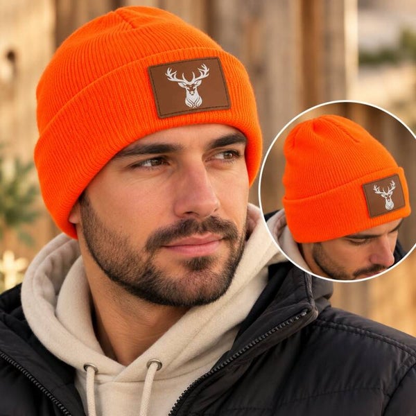 Bonnet homme orange fluo - Tête de cerf - Accessoire hiver