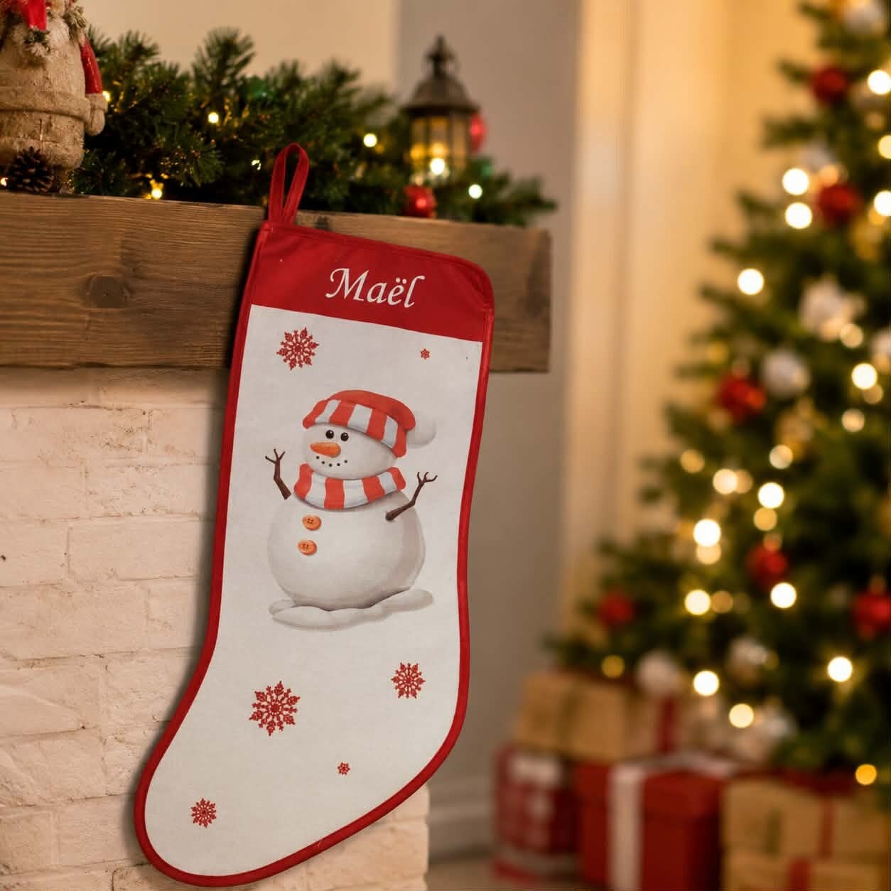 Botte/Chaussette de Noël personnalisée - Modèle bonhomme de neige et ses flocons