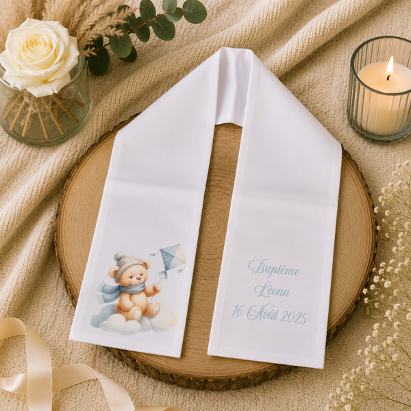 Echarpe de baptême ou communion personnalisée - Modèle ourson avec cerf-volant