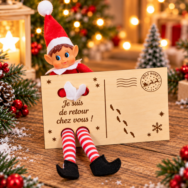 Carte postale de retour du lutin farceur en bois – Décoration de Noël