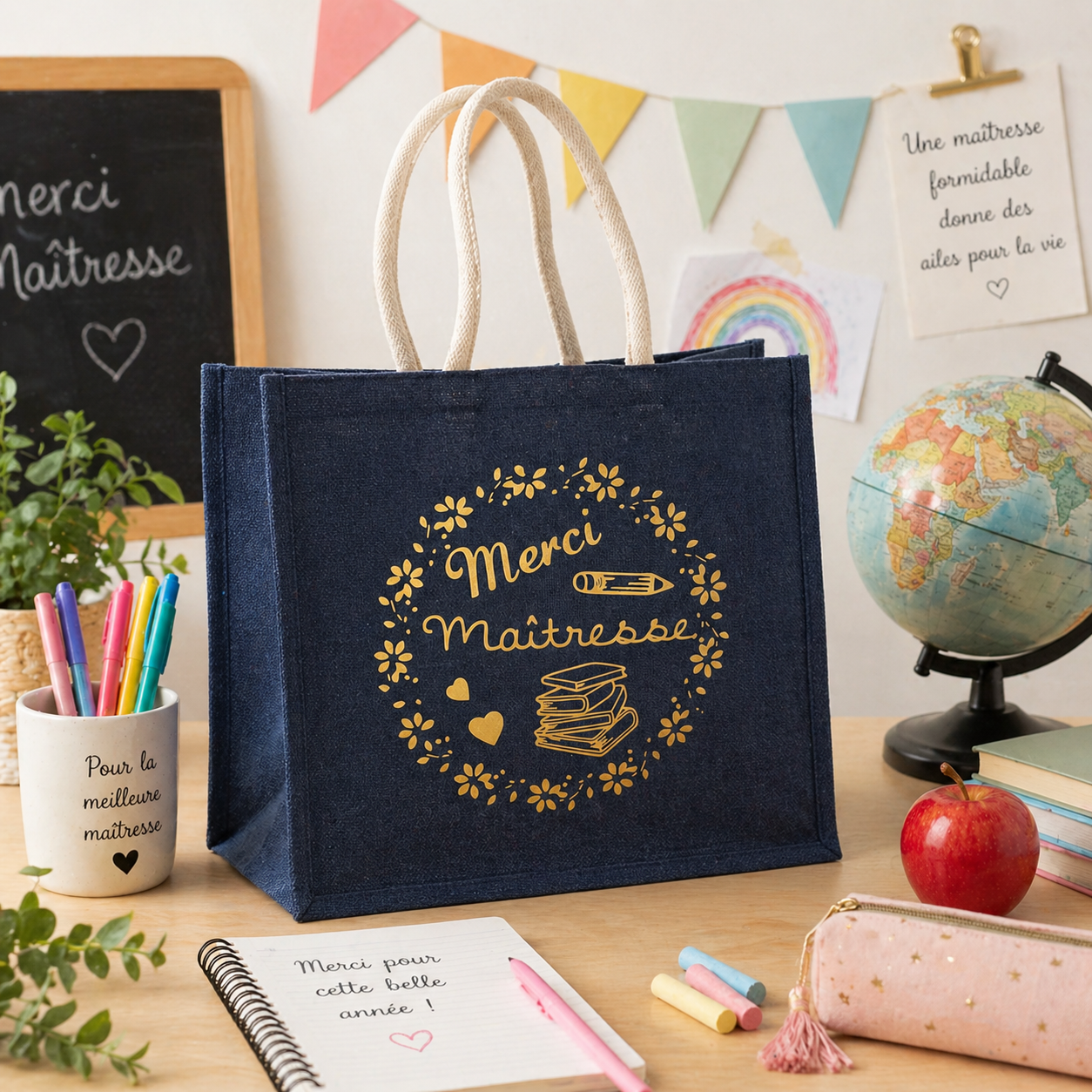 Sac cabas en jute personnalisé - Modèle cercle fleurs avec motif école