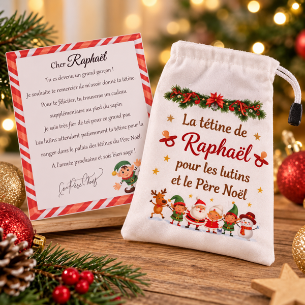 Pochon personnalisé pour tétine de Noël – Lutins et Père Noël