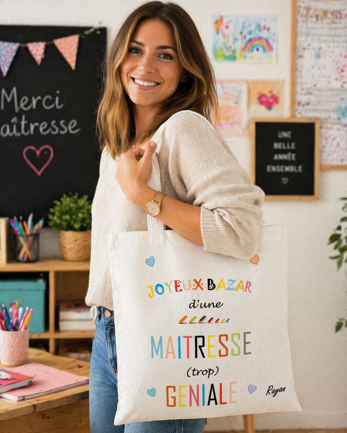 Tote bag personnalisé - Modèle crayon et lettrage multicolore