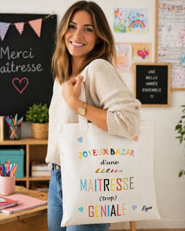 Tote bag personnalisé - Modèle crayon et lettrage multicolore