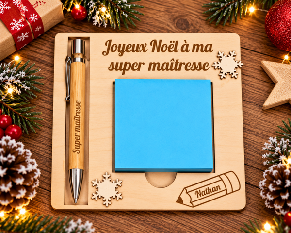 Support en bois avec stylo et bloc-notes - Modèle flocon