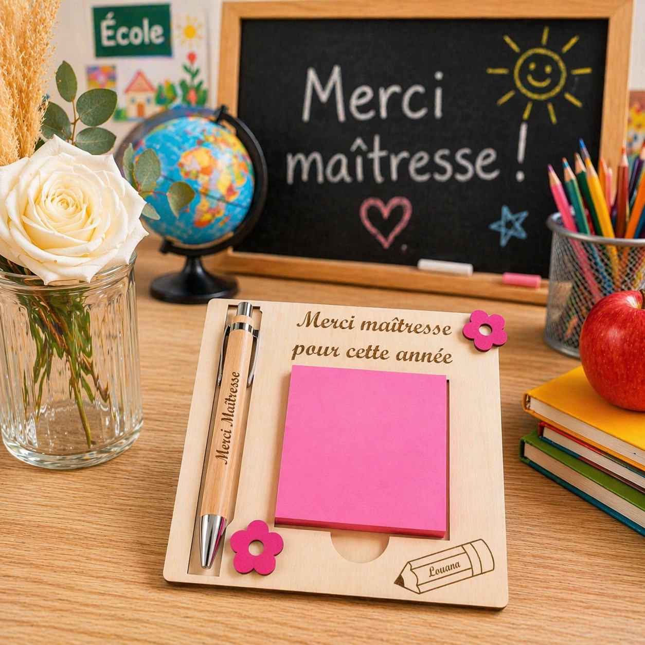 Bloc note avec post it et son stylo en bois - Modèle fleurs et crayon