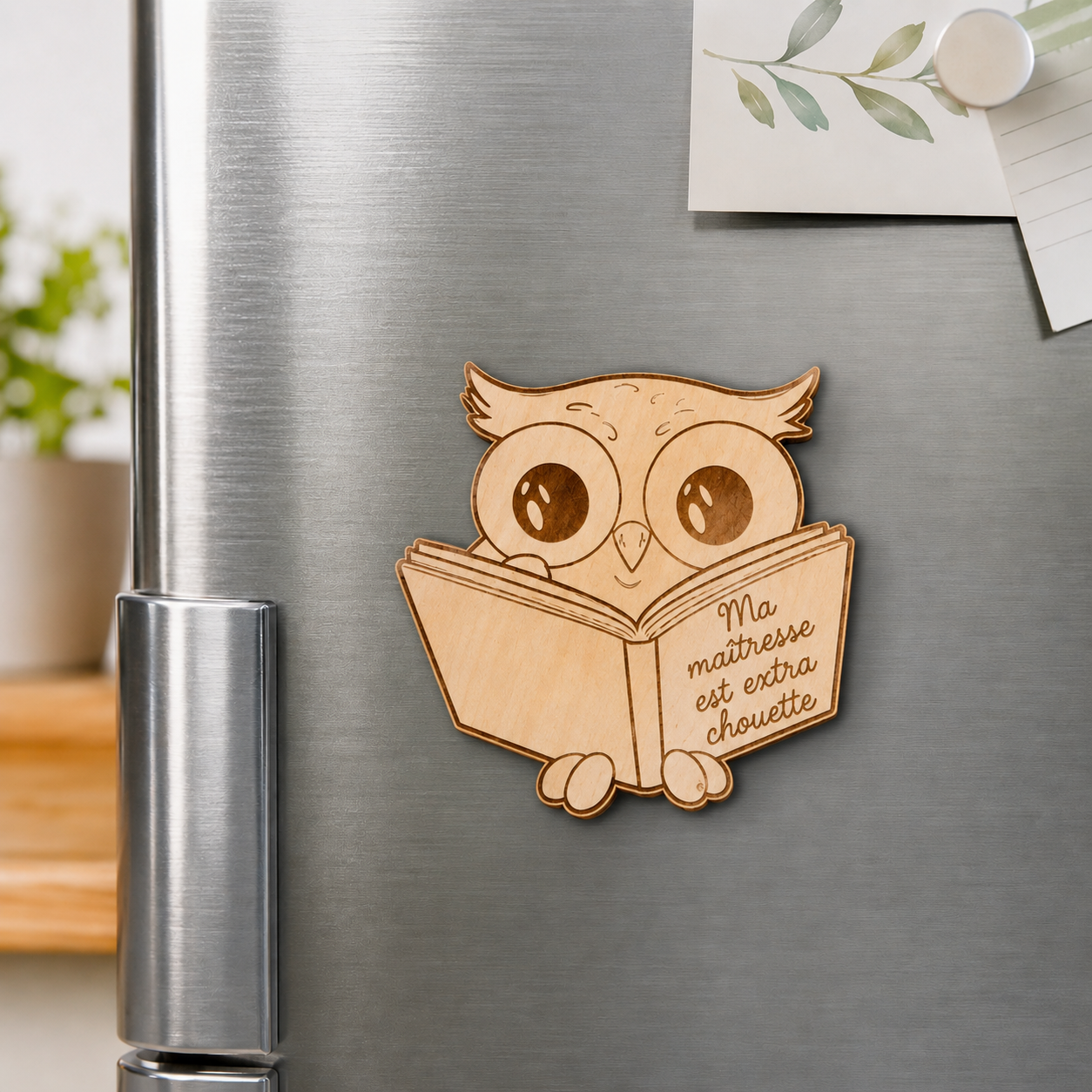 Magnet en bois personnalisé - Modèle chouette avec son livre