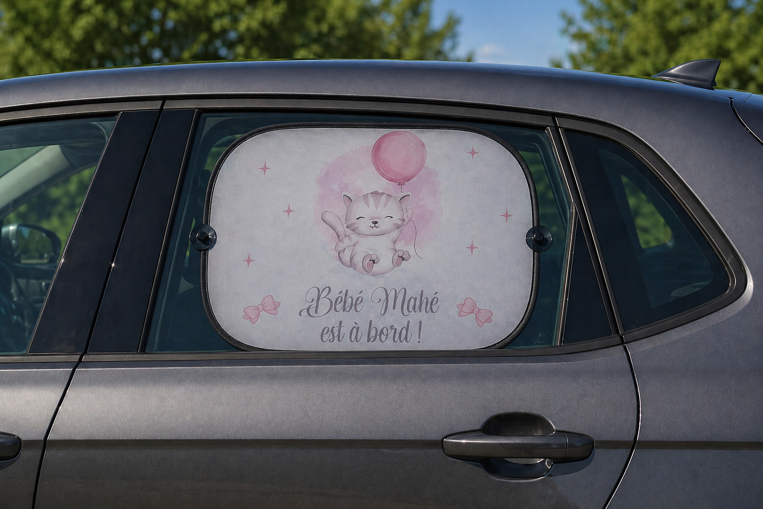 Pare-soleil personnalisé - Modèle petit chat avec ballon + étoile et noeud