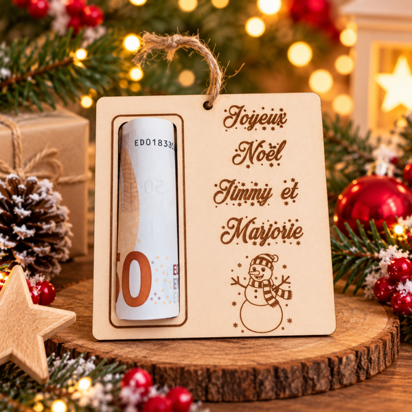 Porte-billet de Noël personnalisé en bois – Modéle bonhomme de neige