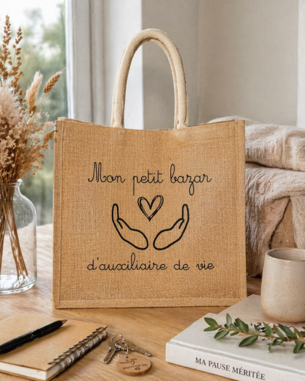 Sac cabas en jute personnalisé - Modèle mains ouvertes avec cœur