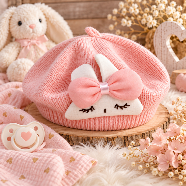 Béret bébé rose avec lapin