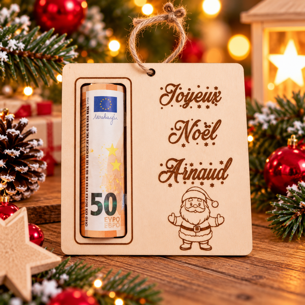 Porte-billet de Noël personnalisé en bois – Modèle Père Noël