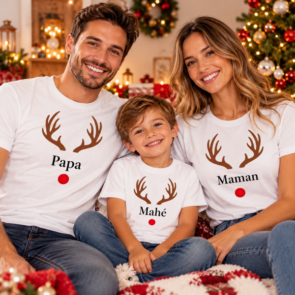 T-shirts famille personnalisés Renne de Noël – Papa, Maman et Enfant