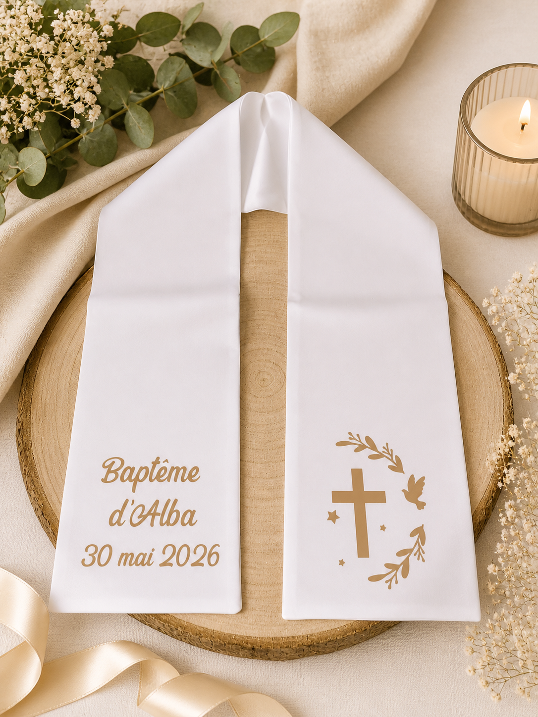 Echarpe de baptême ou communion personnalisée - Modèle couronne croix avec colombe