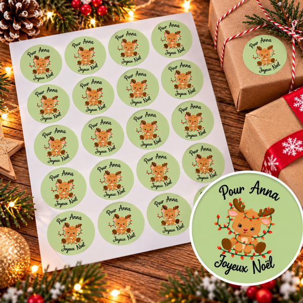 Étiquettes de Noël personnalisées avec prénom – Stickers cadeaux - Modèle Renne