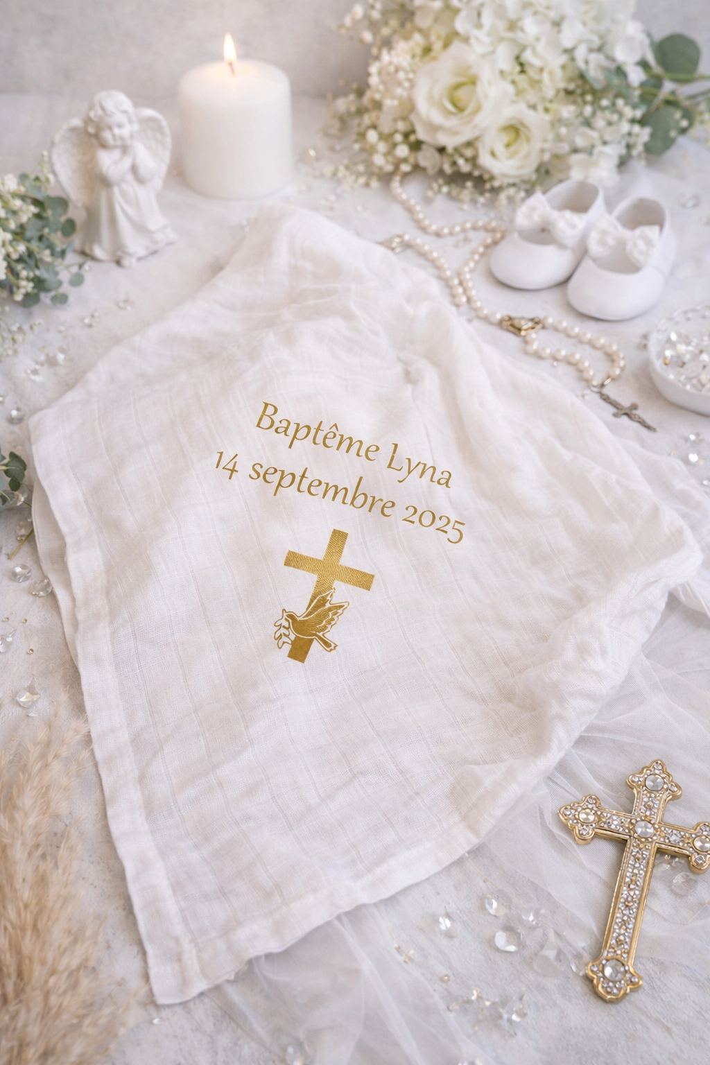 Châle lange personnalisé - Modèle croix avec colombe