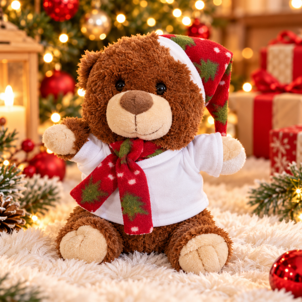 Peluche ours de Noël personnalisée – Ourson avec bonnet et écharpe festive