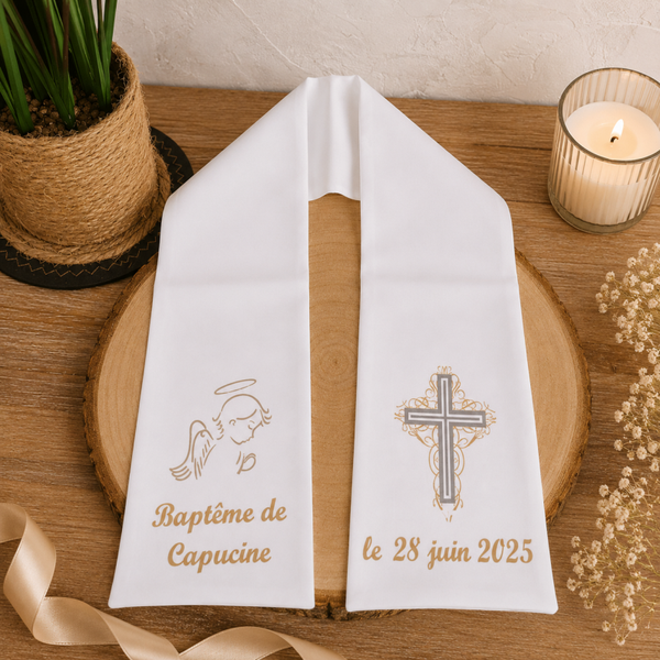 Echarpe de baptême ou communion personnalisée - Modèle ange et croix