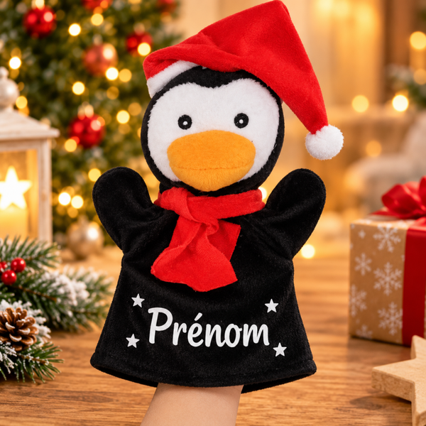 Peluche marionnette pingouin de Noël personnalisée avec prénom – Doudou festif