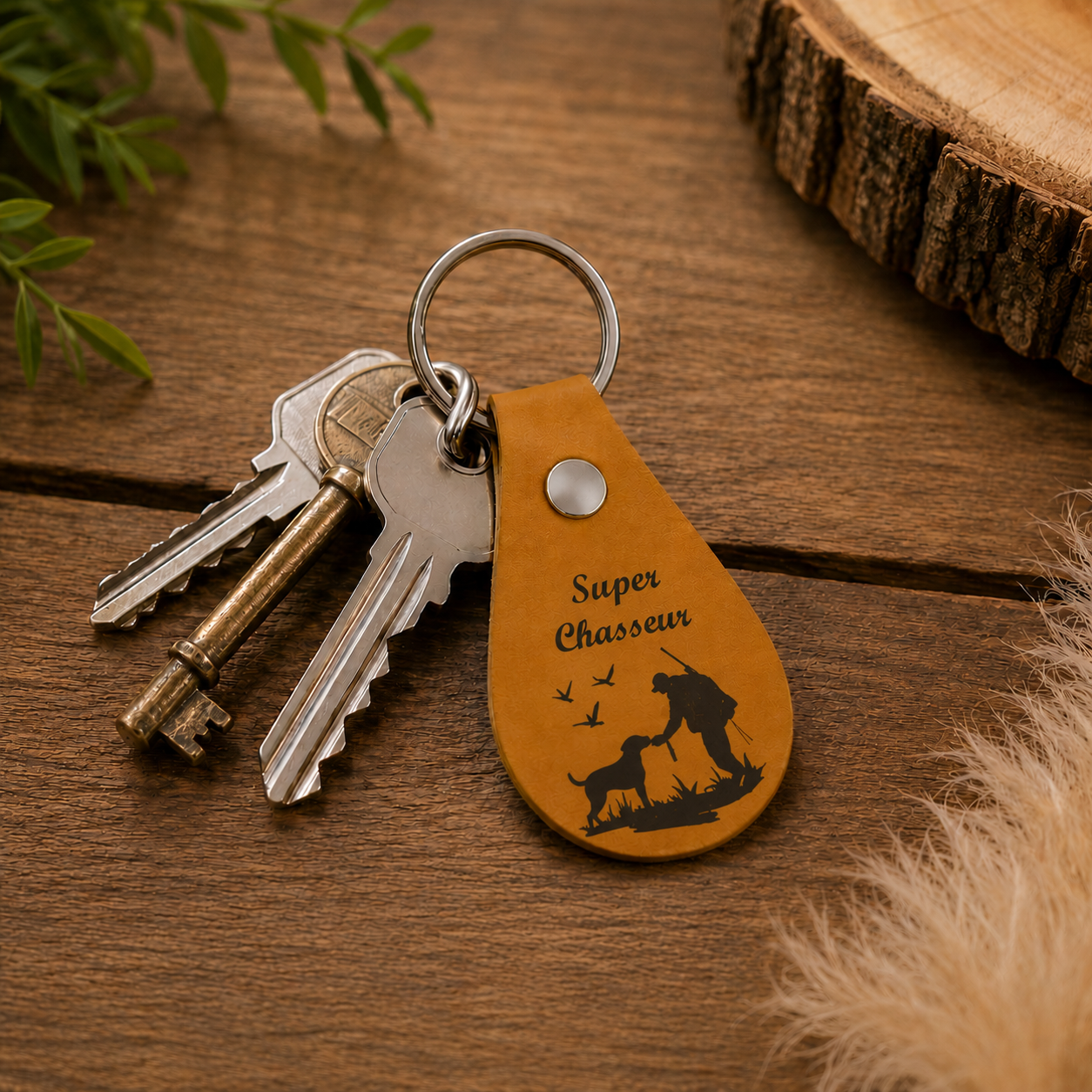 Porte clef goutte simili cuir personnalisé - Modèle chasseur avec son chien et gibier