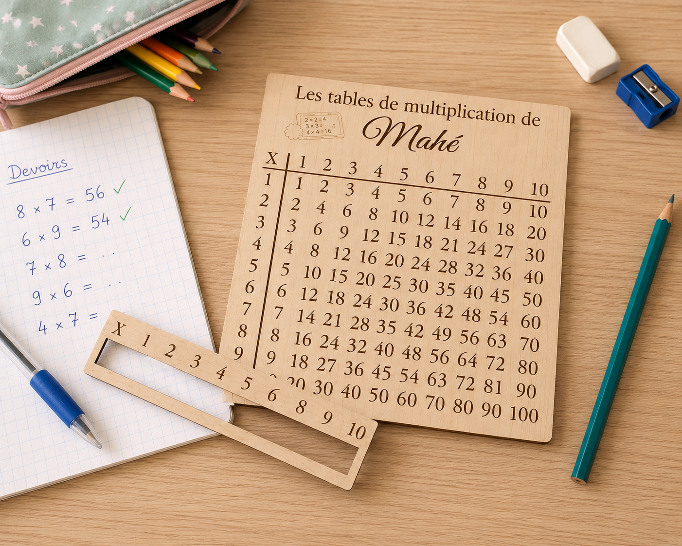 Tableau de multiplication bois personnalisé - Modèle ardoise et chiffre
