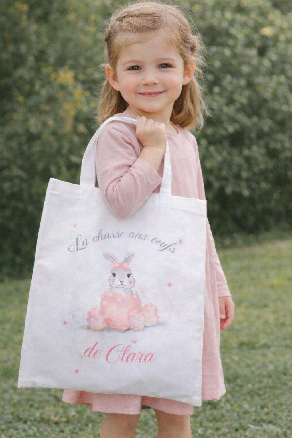 Tote bag personnalisé - Modèle Pâques lapin coquille rose