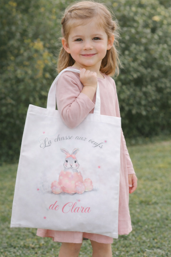 Tote bag personnalisé - Modèle Pâques lapin coquille rose