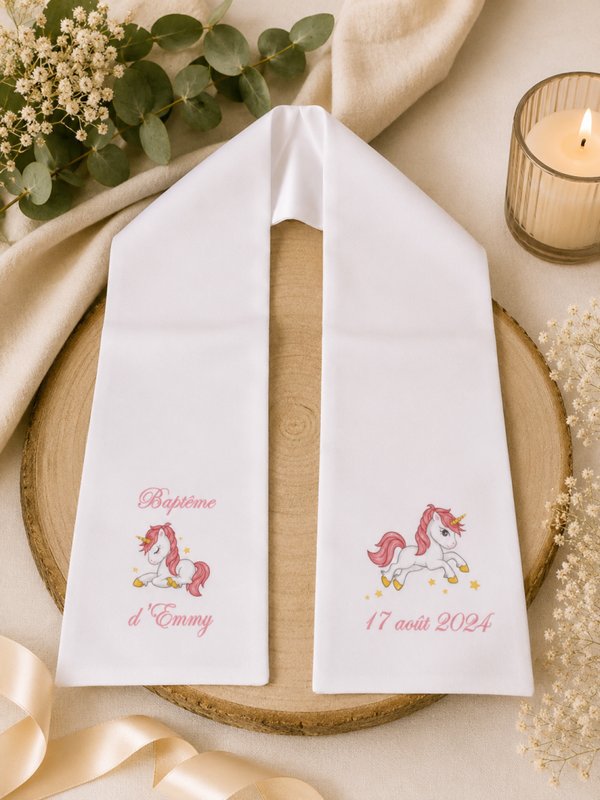 Echarpe de baptême ou communion personnalisée - Modèle licorne