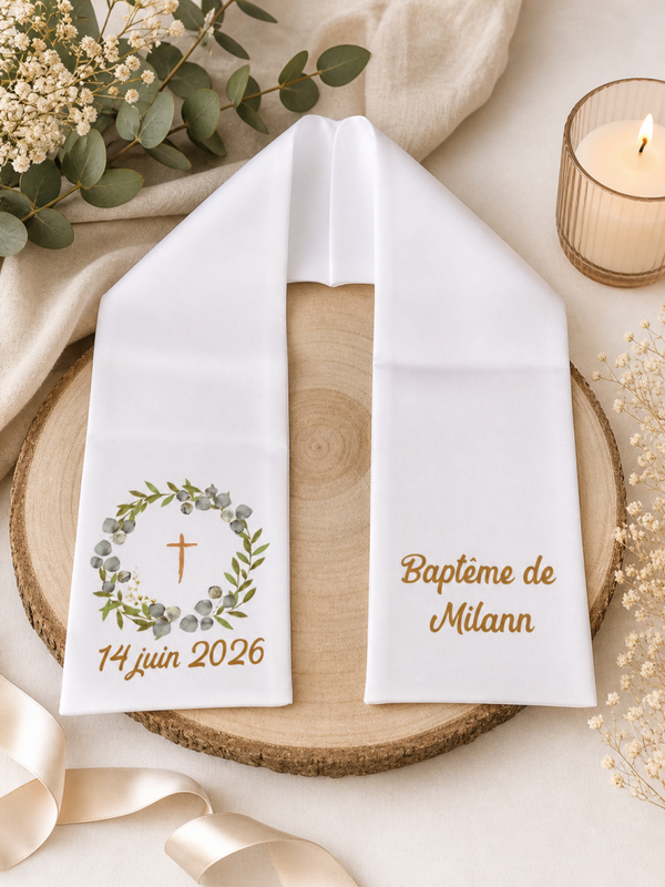 Echarpe de baptême ou communion personnalisée - Modèle couronne croix feuillage