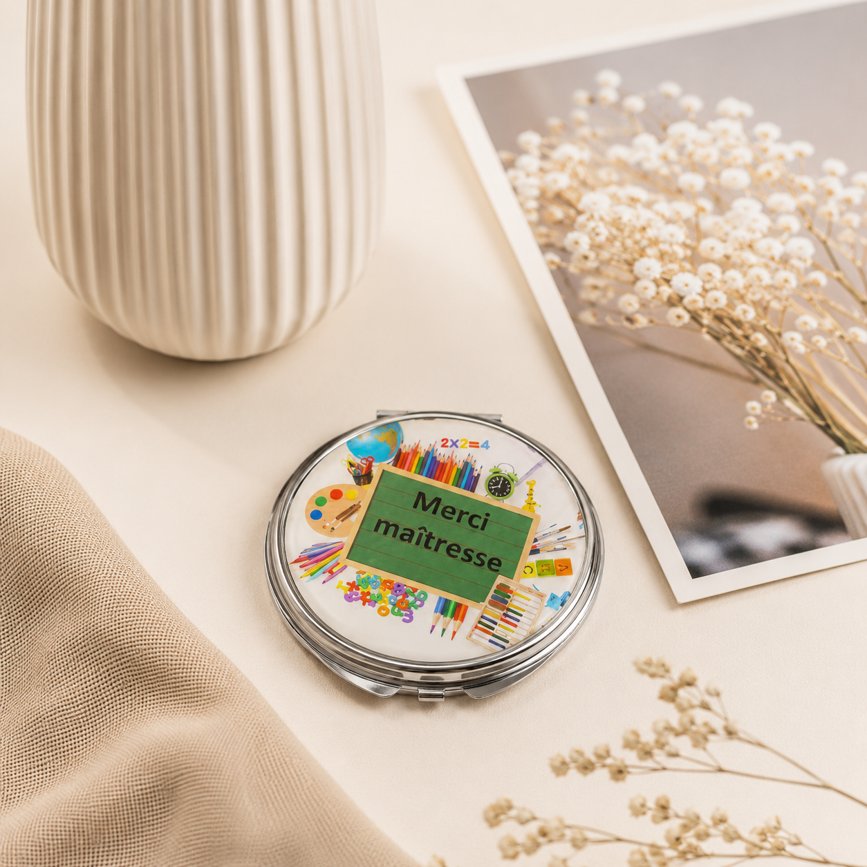 Miroir de poche personnalisé - Modèle tableau avec motif école