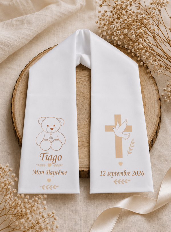Echarpe de baptême ou communion personnalisée - Modèle ourson, croix avec colombe et ses épis