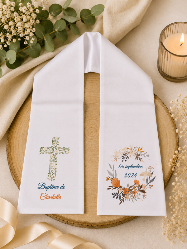 Echarpe de baptême ou communion personnalisée - Modèle couronne et croix fleurale