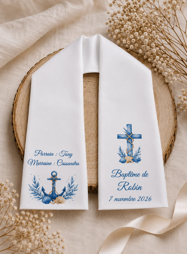 Echarpe de baptême ou communion personnalisée - Modèle ancre et croix avec coquillage