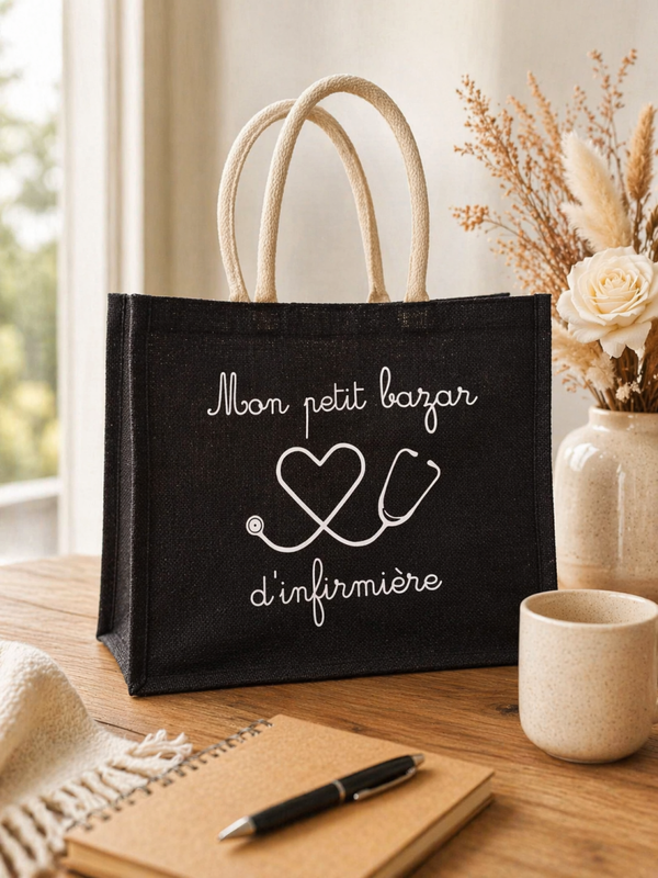 Sac cabas en jute personnalisé - Modèle stéthoscope avec coeur