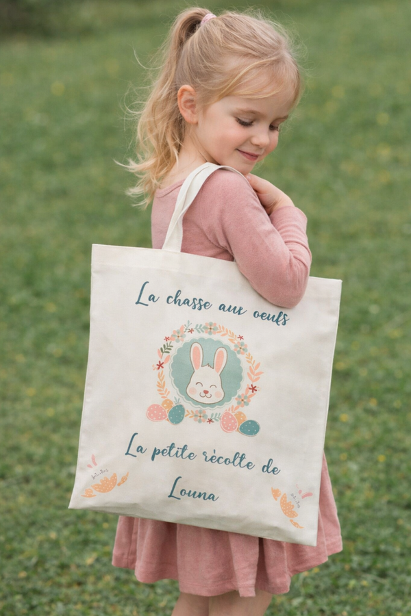 Tote bag personnalisé - Modèle couronne fleural de Pâques et ses œufs