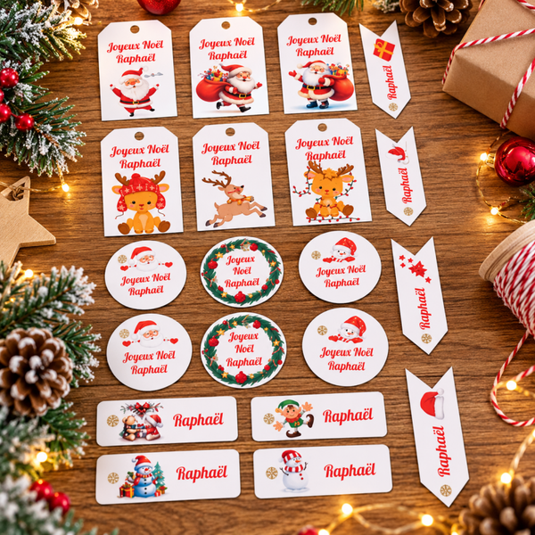 Ensemble étiquettes de Noël personnalisées avec prénom – Cadeaux et décorations