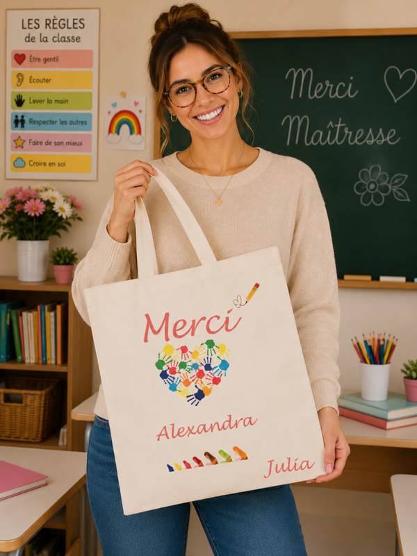 Tote bag personnalisé - Modèle coeur main multicolore