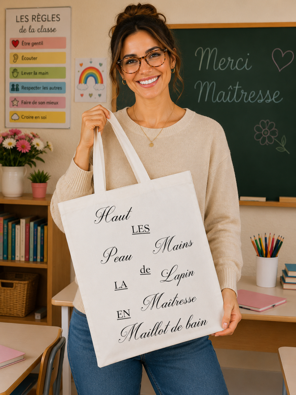 Tote bag personnalisé - Modèle "Haut les mains, peau de lapin, la maîtresse en maillot de bain"
