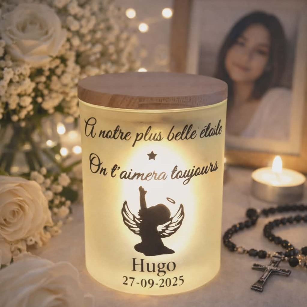 Pot commémoratif avec bougie led personnalisé - Modèle enfant ange et étoile