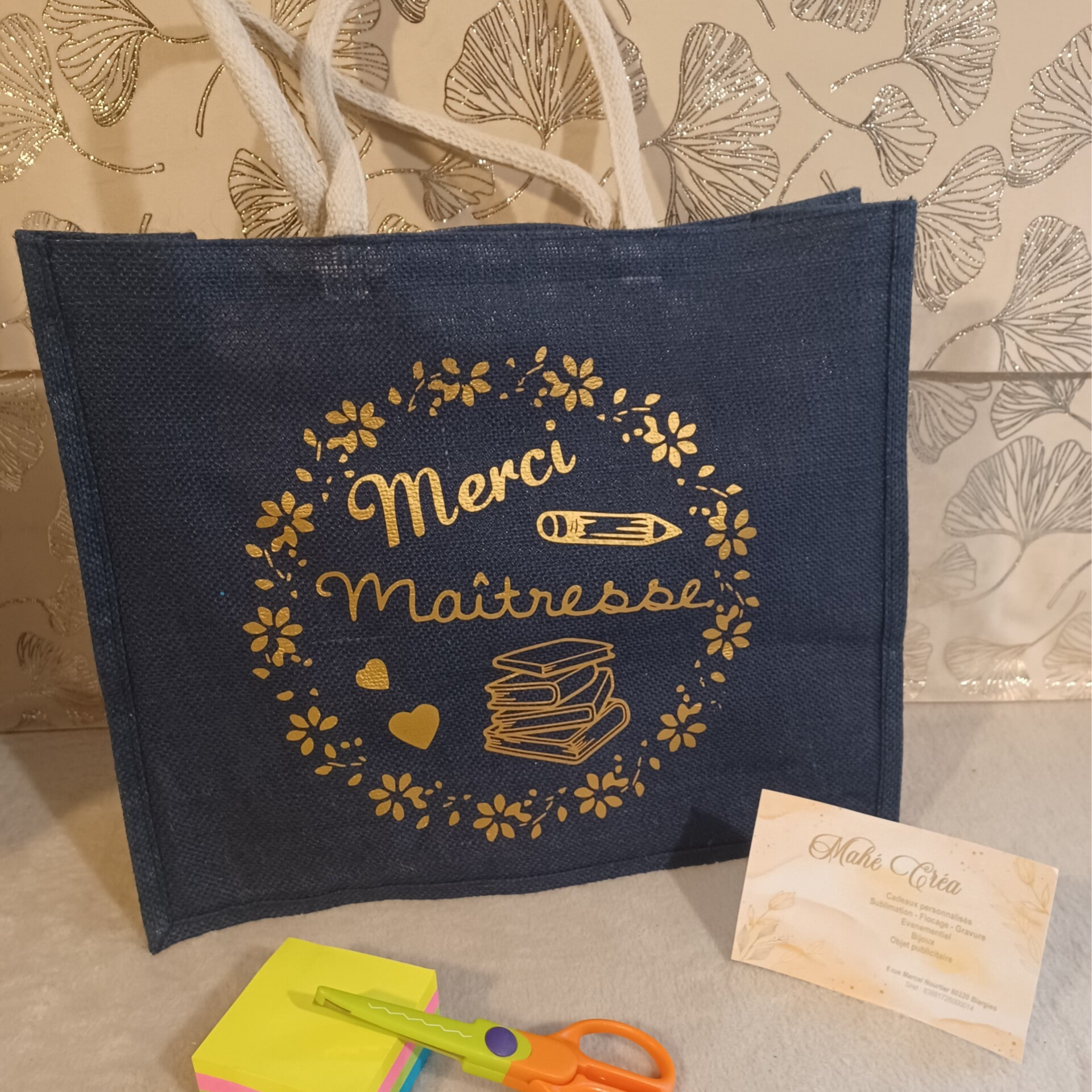 Sac cabas en jute personnalisé - Modèle cercle fleurs avec motif école