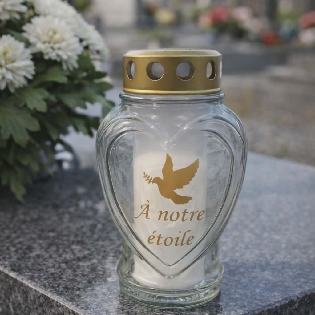 Bougie funéraire en verre en forme de cœur - Modèle colombe