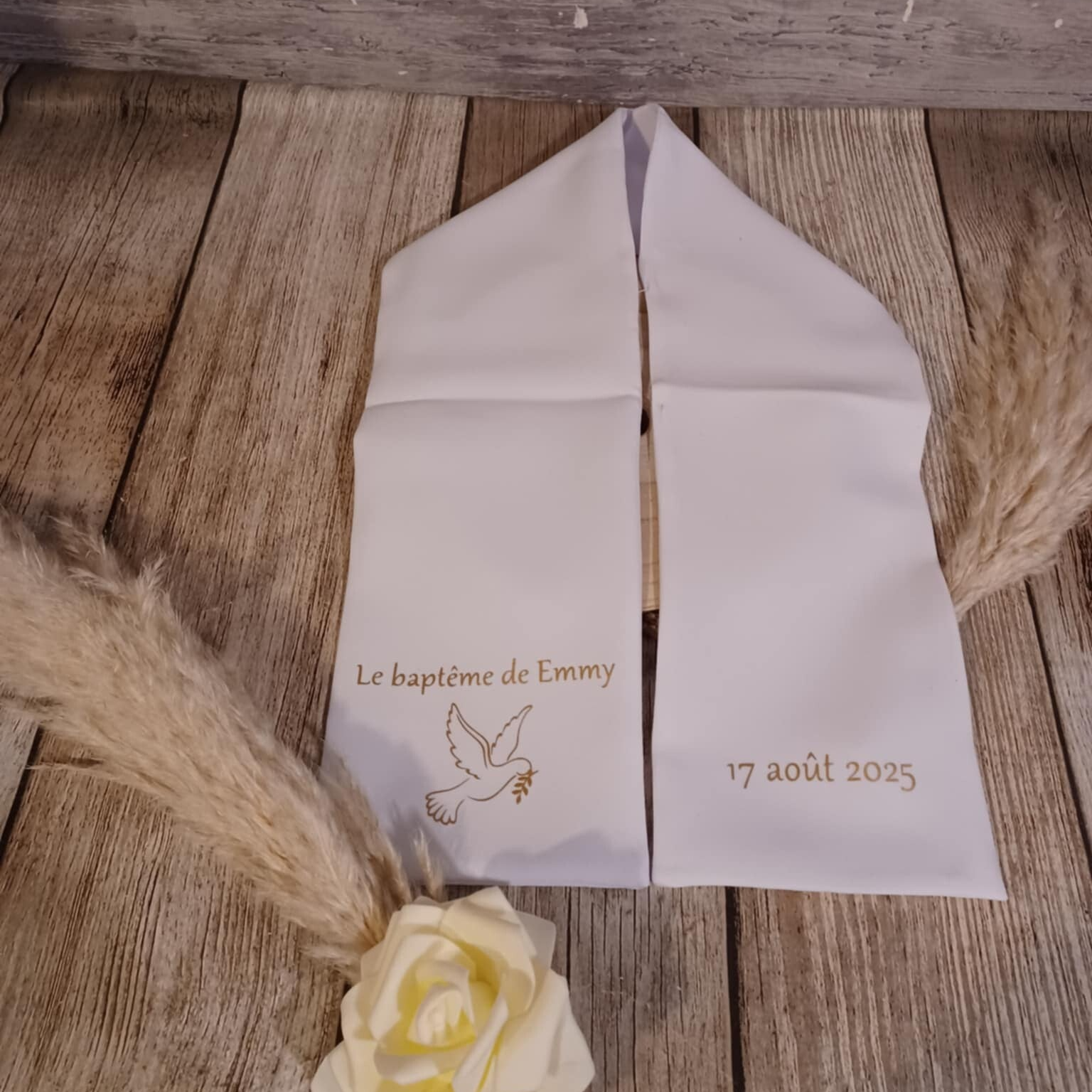 Echarpe de baptême ou communion personnalisée - Modèle colombe avec branche olivier